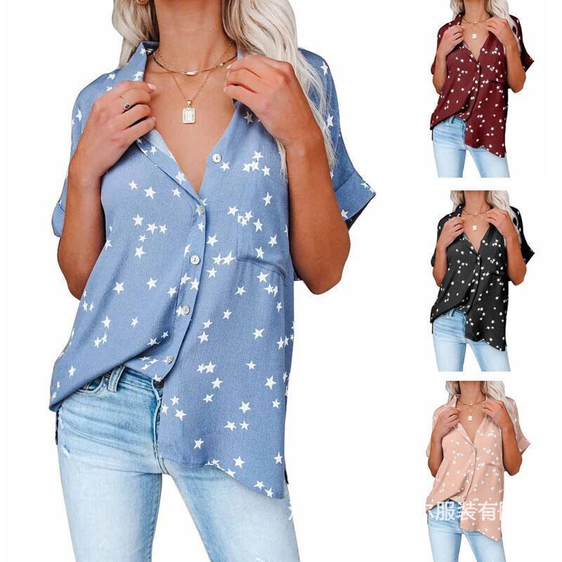 Women's Star Print V-Neck Button Front Batwing Short Sleeve Blouse - Image 1