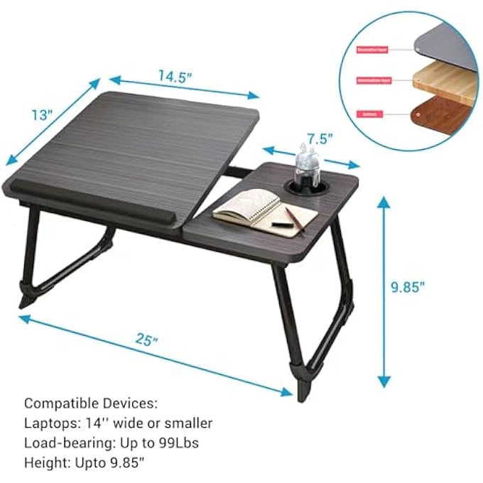 rayihni طاولة لابتوب للسرير أو الأريكة، طاولة حضن، العمل في السرير، مكاتب المنزل، صينية الإفطار، طاولة مع حامل كوب، مشاهدة الأفلام في السرير، حامل لابتوب للسرير، طاولة بأرجل قابلة للطي (بيضاء) - Image 2