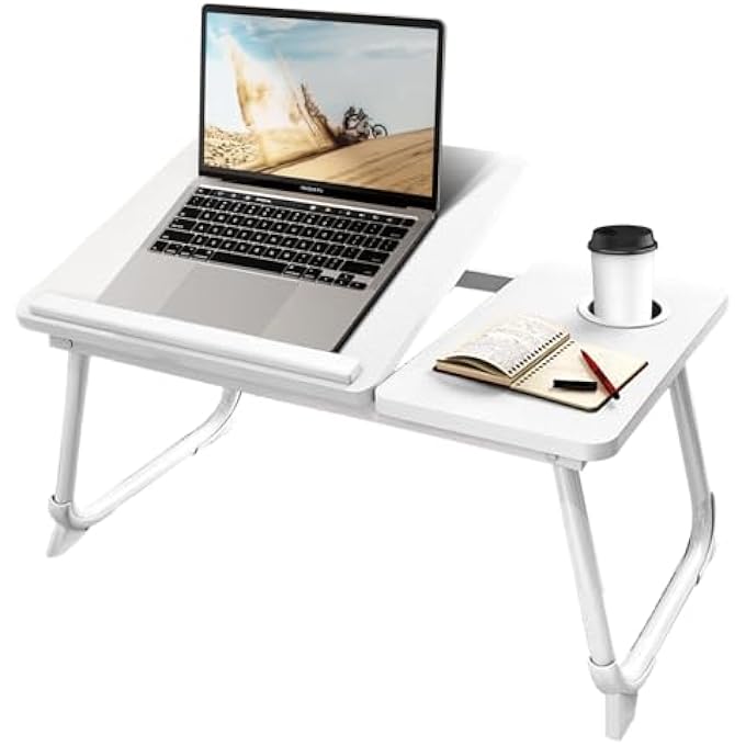 rayihni طاولة لابتوب للسرير أو الأريكة، طاولة حضن، العمل في السرير، مكاتب المنزل، صينية الإفطار، طاولة مع حامل كوب، مشاهدة الأفلام في السرير، حامل لابتوب للسرير، طاولة بأرجل قابلة للطي (بيضاء) - Image 1