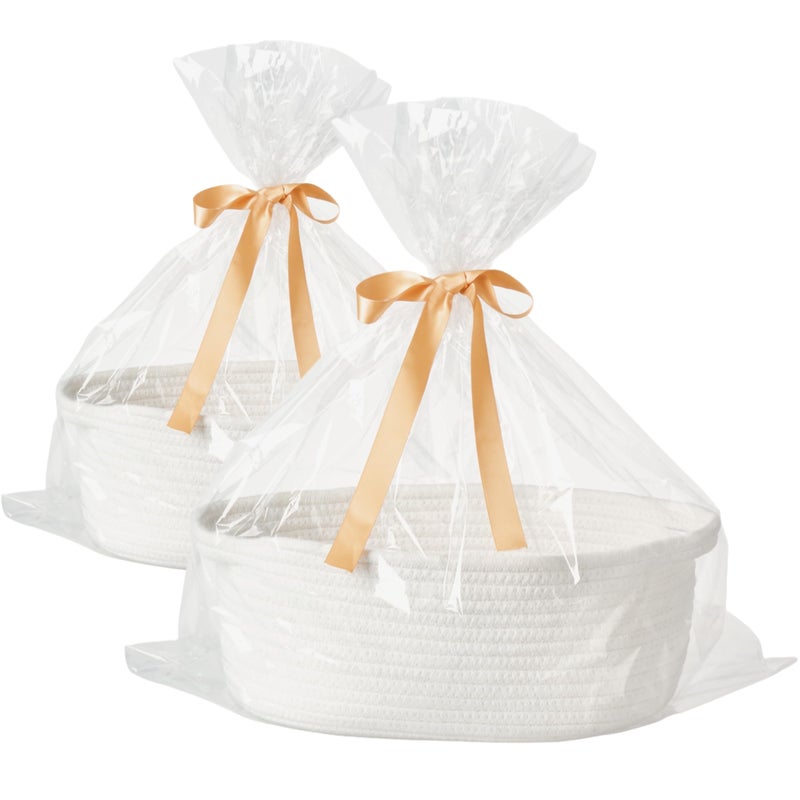 Kodomoore Small Woven Easter Basket with Gift Bag and Ribbon â€“ Empty Burr Basket for Gifts, Baby Shower, & Birthdays â€“ Decorative Rope Storage Organizer for Shelves, 12"x8"x5", White, 2 Packs - Image 1