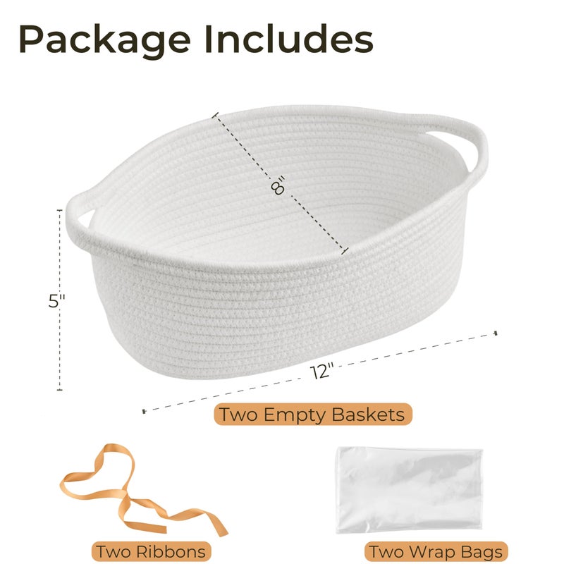 Kodomoore Small Woven Easter Basket with Gift Bag and Ribbon â€“ Empty Burr Basket for Gifts, Baby Shower, & Birthdays â€“ Decorative Rope Storage Organizer for Shelves, 12"x8"x5", White, 2 Packs - Image 2