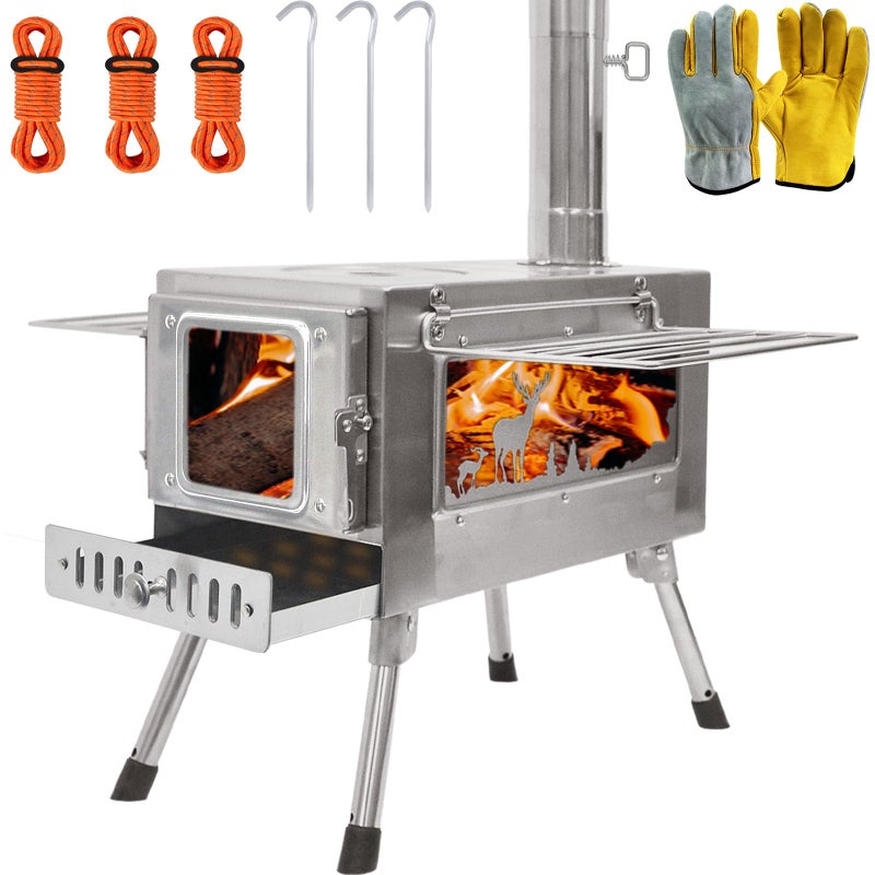 Outdoor Wood Burning Stove Portable with Chimney Pipe for Cooking Camping Tent Hiking Fishing Backpacking