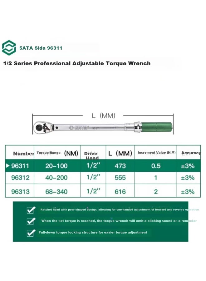 Sata 1/2 Series Professional Adjustable Torque Wrench Auto Repair Tool, 20-100nm, 96311 - Image 1