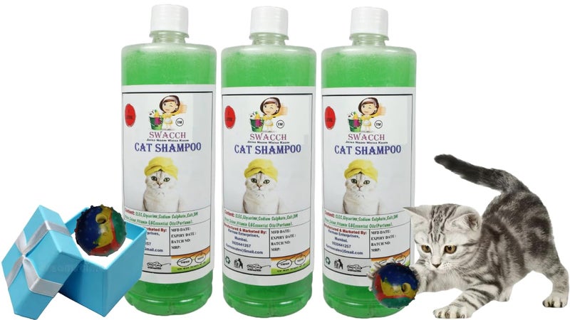 swacch Cat Shampoo + Rubber Musical Ball I Chew Playing Rubber Ball I Interactive Cat Toy Balls I Training & Play I Combo Pack I 1 Litre Pack of 3 Neem Alovera - Image 1