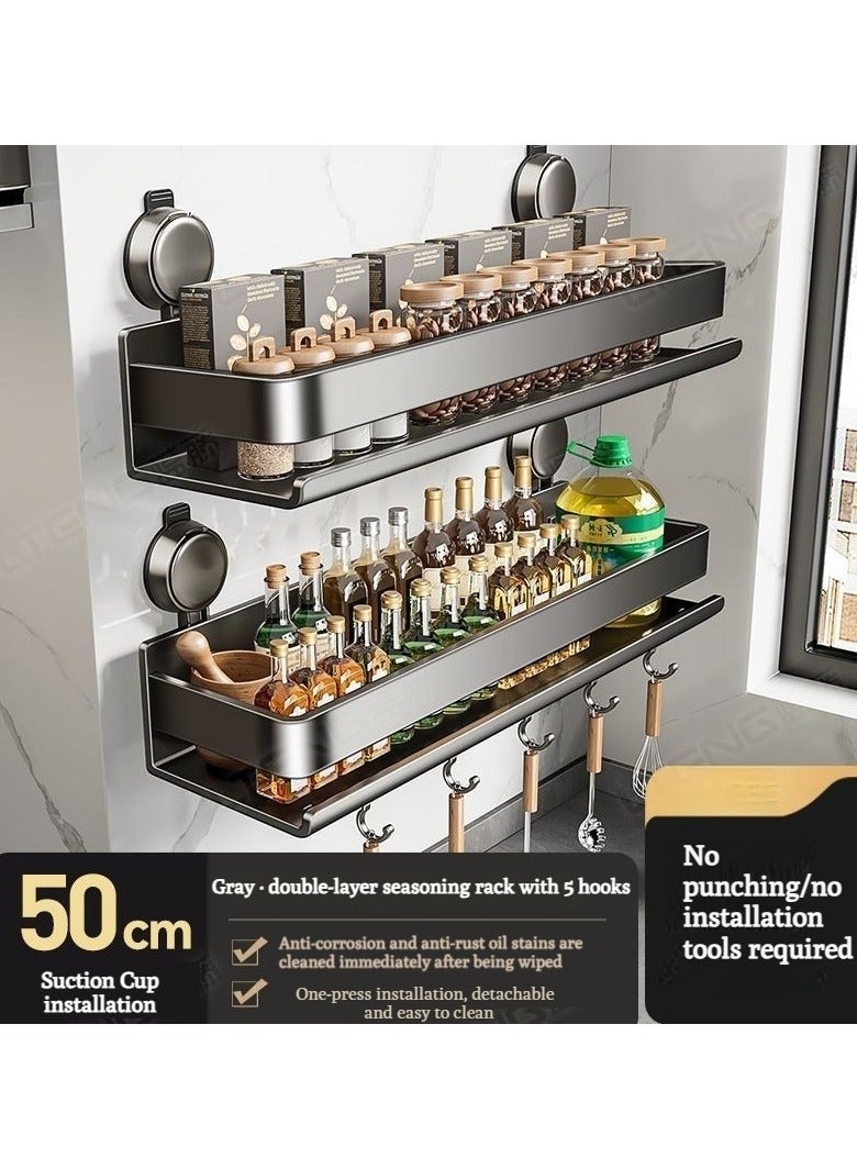 XiuWoo 2 Packs 50cm Wall Mounted Suction Cup No-Drill Spice Rack, No-trace Seasoning Organizer with 5 Hook Rack Hangers,No Damage Easy to Clean Pantry Organizers and Storage Shelf,Home and Kitchen Gadgets - Image 2
