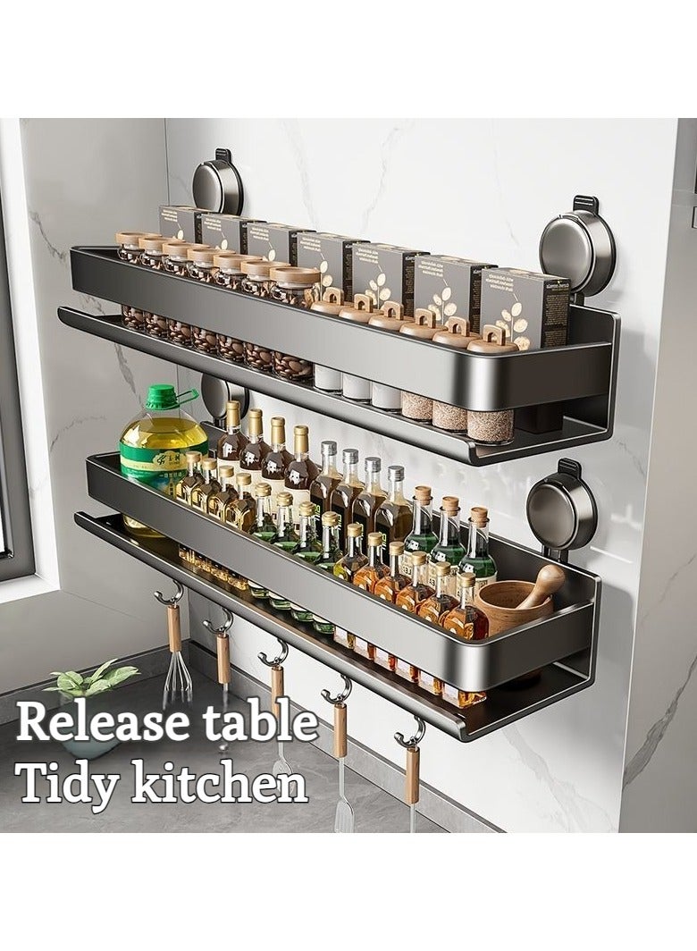 XiuWoo 2 Packs 50cm Wall Mounted Suction Cup No-Drill Spice Rack, No-trace Seasoning Organizer with 5 Hook Rack Hangers,No Damage Easy to Clean Pantry Organizers and Storage Shelf,Home and Kitchen Gadgets - Image 3