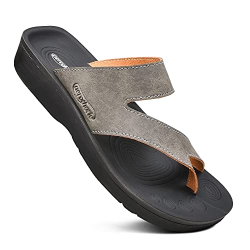 AEROTHOTIC Comfy Arch Support flip flops for women Split Toe Stylish Cushioned Strap with non-slip footbed Walking Dressy Sandals Indoor and Outdoor (Odal Grey, Size 9) - Image 1