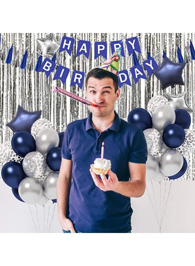 JoyousSto Blue Birthday Party Decorations, Happy Birthday Decorations with Banner Blue Silver Confetti Latex Balloons and Foil Fringe Curtains - Image 3