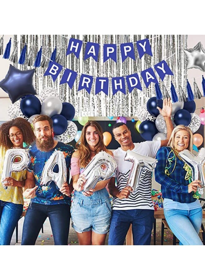 JoyousSto Blue Birthday Party Decorations, Happy Birthday Decorations with Banner Blue Silver Confetti Latex Balloons and Foil Fringe Curtains - Image 2