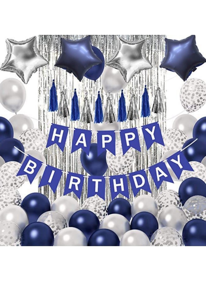 JoyousSto Blue Birthday Party Decorations, Happy Birthday Decorations with Banner Blue Silver Confetti Latex Balloons and Foil Fringe Curtains - Image 1