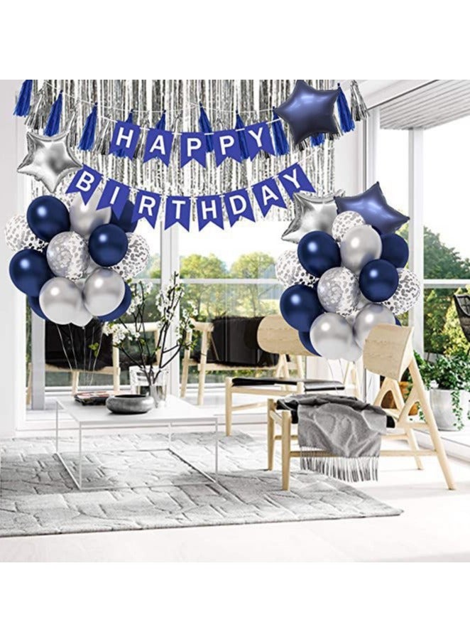 JoyousSto Blue Birthday Party Decorations, Happy Birthday Decorations with Banner Blue Silver Confetti Latex Balloons and Foil Fringe Curtains - Image 4