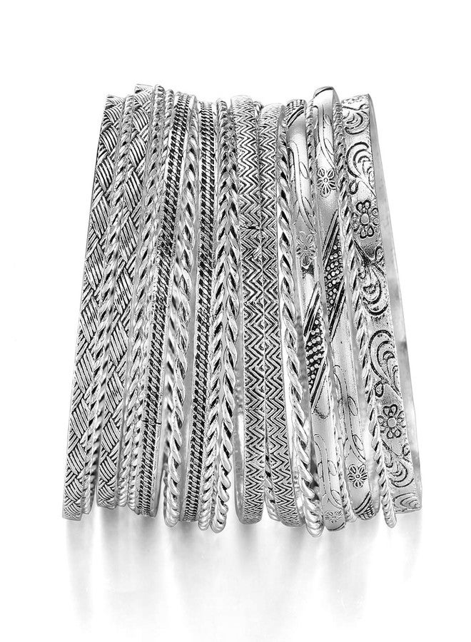 ENSOUL Antique Silver Color Flower Mixed Metal Aztec African Indian Vintage Multi Bangle&Bracelets For Women Set of 19 - Image 2