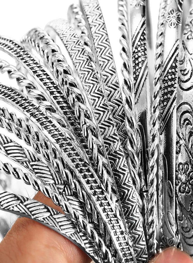 ENSOUL Antique Silver Color Flower Mixed Metal Aztec African Indian Vintage Multi Bangle&Bracelets For Women Set of 19 - Image 3