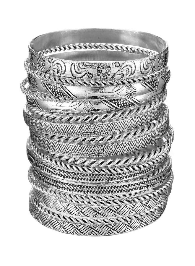 ENSOUL Antique Silver Color Flower Mixed Metal Aztec African Indian Vintage Multi Bangle&Bracelets For Women Set of 19 - Image 1