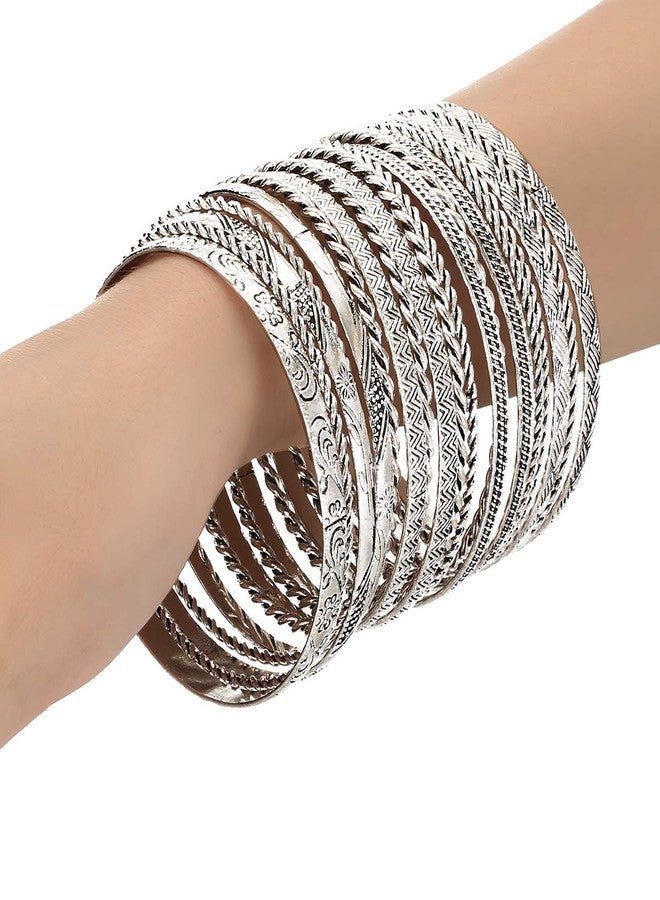 ENSOUL Antique Silver Color Flower Mixed Metal Aztec African Indian Vintage Multi Bangle&Bracelets For Women Set of 19 - Image 5