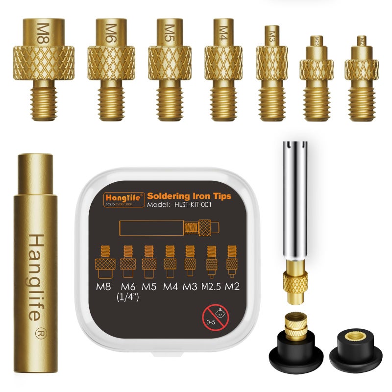 Hanglife Heat-Set Insert Tips for Threaded Inserts M2 M2.5 M3 M4 M5 M6 M8, Soldering Iron Tips Compatible with Weller SP40NUS/Hakko FX-888D/900M/T18 Irons- Press Tool for Plastic 3D Printer Components - Image 1