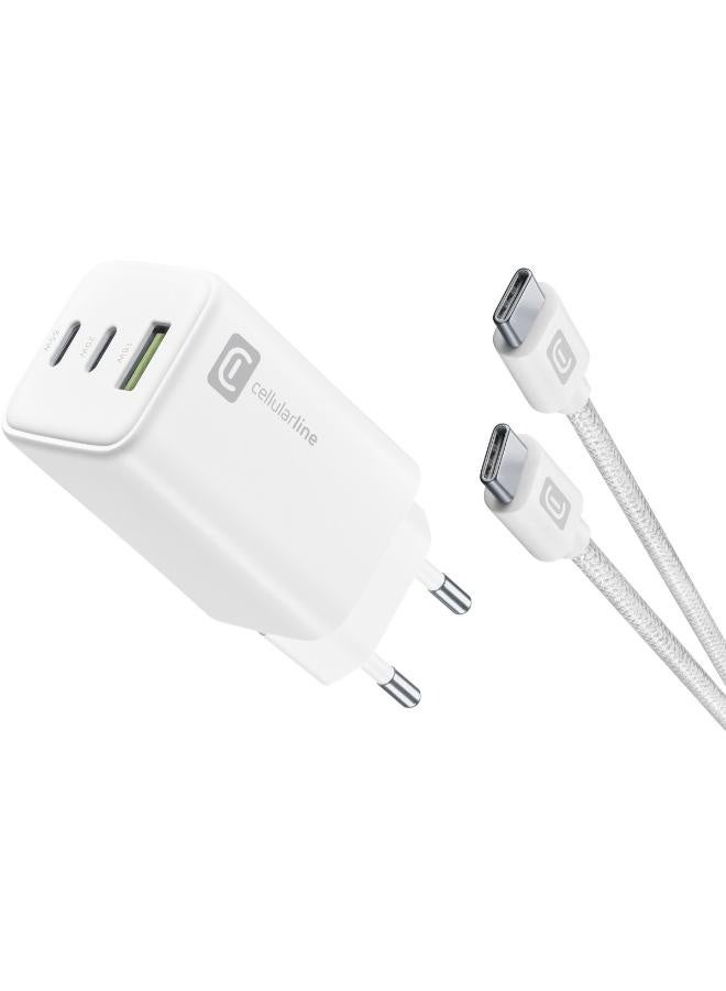 Cellularline MultiPower Nano 65W GAN Charger 3 Port With Cable C White - Image 1