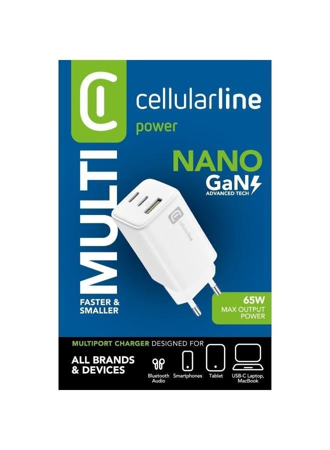 Cellularline MultiPower Nano 65W GAN Charger 3 Port With Cable C White - Image 3
