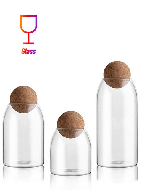 3-Piece Glass Food Storage Jar With Round Ball Cork Lid Clear 500ml /800ml/ 1200ml