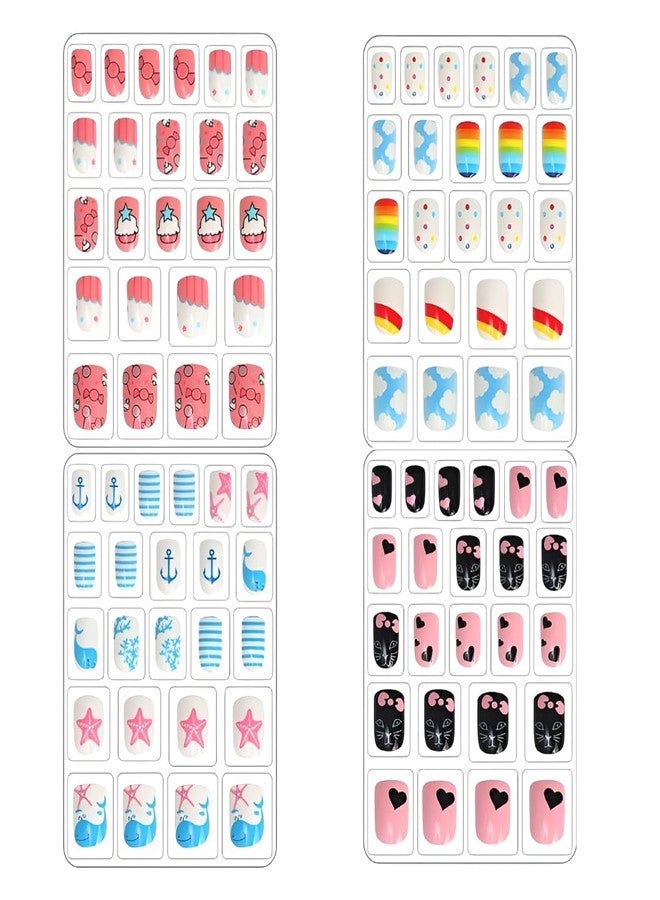 Zusaca Kids Stick on Nails, Kids False Nails Cartoon Press on Fake Nail Tip Children Artificial Nail Tips Kids Pre-glued Fake Nail for Girls Nails Art Decoration - 96 Pcs, Multi Color. - Image 1