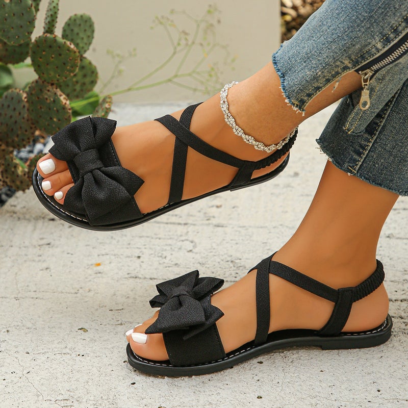 Export Large Size Bow Flats Sandals Women'S Soft Bottom Cloth Elastic Band Beach Sandals Wish Ready Stock - Image 2