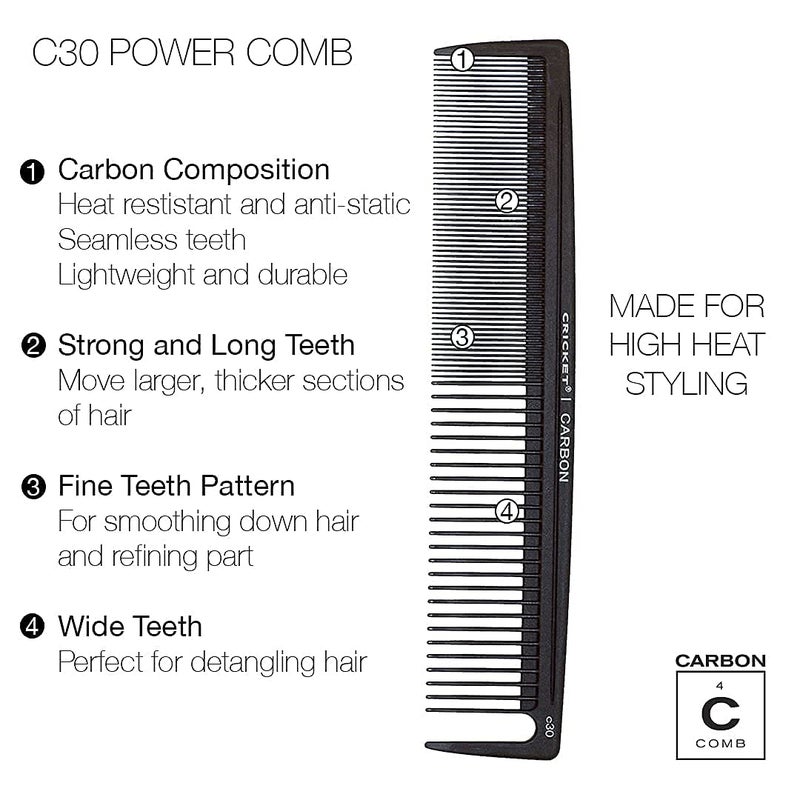 Cricket C30 Professional Hair Stylist Power Carbon Comb - Heat-Resistant, Anti-Static, Seamless Teeth for Detangling and Styling, Dual-Function Fine & Wide Tooth Design with Sectioning Pick - Black - Image 2