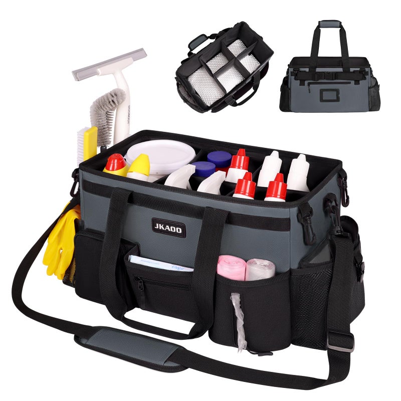 JKAOO Large Wearable Cleaning Caddy BagsCleaning Supplies Storage Bag with Handles and Adjustable Shoulder Strap and Removable Waist StrapsWaterproof Cleaning Bags for HomeCarOffice Gray - Image 2