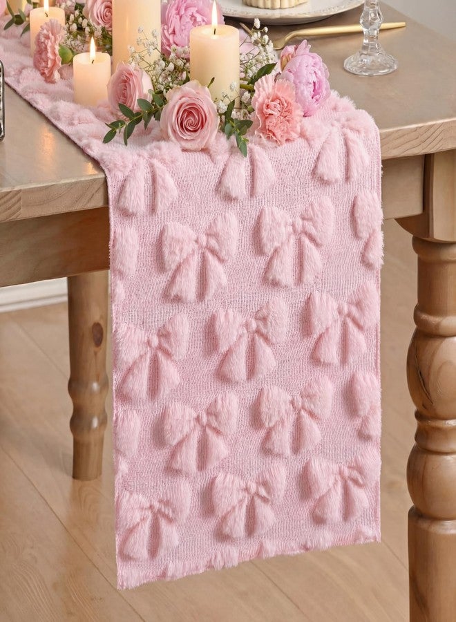 Breling Pink Bow Table Runner Coquette Room Decor Bedside Cute Dresser Scarf Faux Fur Soft Coquette Bow Table Cover for Birthday Baby Shower Party Kitchen Dining Desk Decoration, 12" x 72" - Image 1