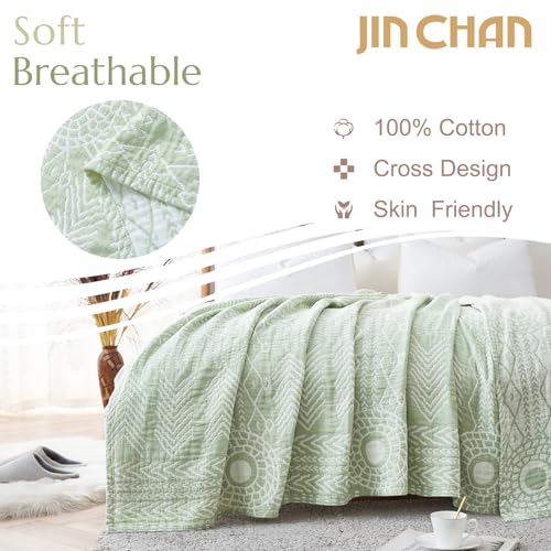jinchan Boho 100 Cotton Blanket Muslin Lightweight Twin Size Throw Blanket Reversible for Couch Soft Cozy All Season 3Layer Throw Coverlet Blanket for Bedroom Living Room Decor Green 60x80 Inches - Image 3