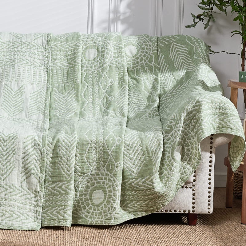 jinchan Boho 100 Cotton Blanket Muslin Lightweight Twin Size Throw Blanket Reversible for Couch Soft Cozy All Season 3Layer Throw Coverlet Blanket for Bedroom Living Room Decor Green 60x80 Inches - Image 2