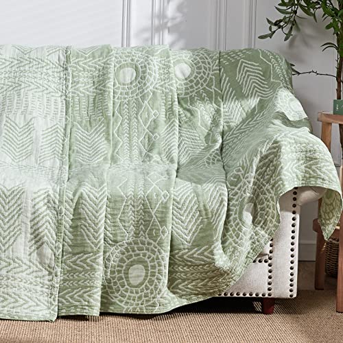 jinchan Boho 100 Cotton Blanket Muslin Lightweight Twin Size Throw Blanket Reversible for Couch Soft Cozy All Season 3Layer Throw Coverlet Blanket for Bedroom Living Room Decor Green 60x80 Inches - Image 1
