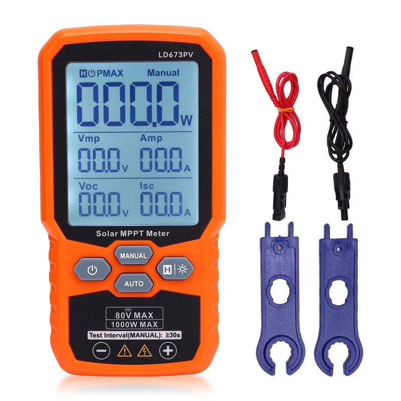 Solar Panel Power Meter Tester, 1000W PV Multimeter with LCD Display, MPPT Tester for Solar Panels – Measures Pmax, Voc, Isc, 12-80V Voltage, 35A Current, Includes Test Cables, Wrenches, Storage Bag - Image 2
