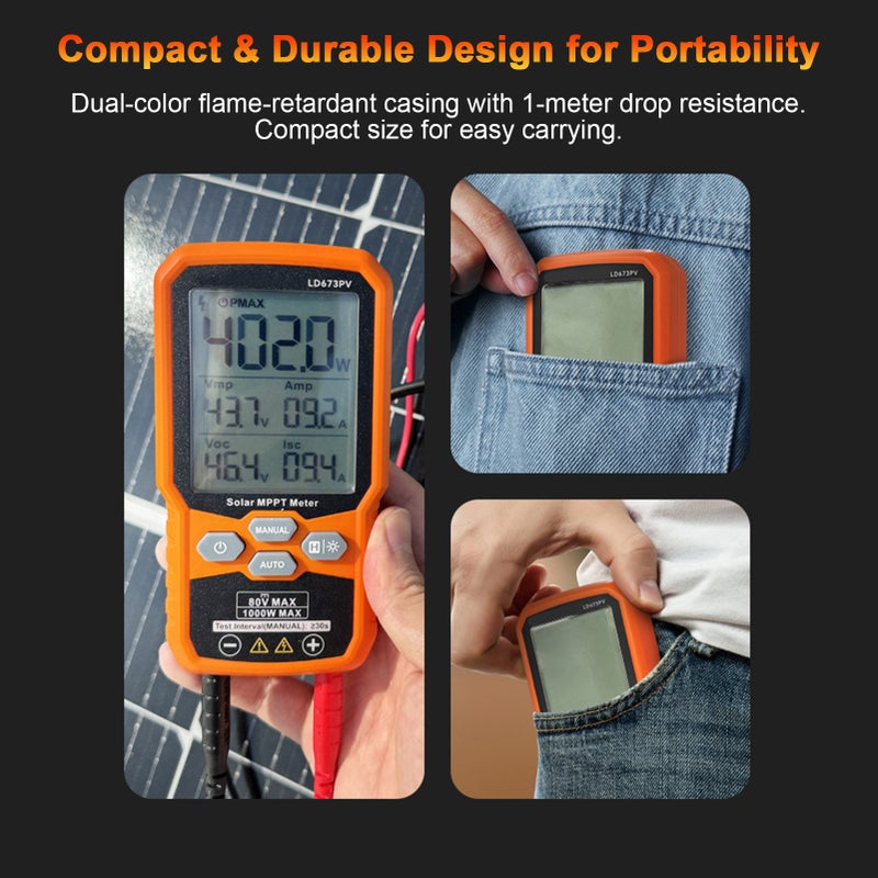 Solar Panel Power Meter Tester, 1000W PV Multimeter with LCD Display, MPPT Tester for Solar Panels – Measures Pmax, Voc, Isc, 12-80V Voltage, 35A Current, Includes Test Cables, Wrenches, Storage Bag - Image 4