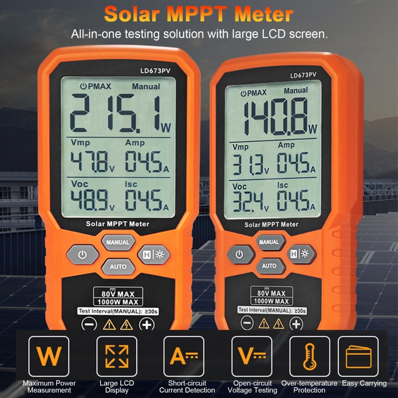 Solar Panel Power Meter Tester, 1000W PV Multimeter with LCD Display, MPPT Tester for Solar Panels – Measures Pmax, Voc, Isc, 12-80V Voltage, 35A Current, Includes Test Cables, Wrenches, Storage Bag - Image 5