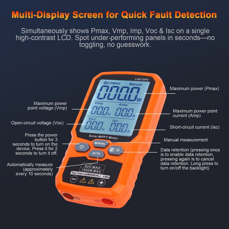 Solar Panel Power Meter Tester, 1000W PV Multimeter with LCD Display, MPPT Tester for Solar Panels – Measures Pmax, Voc, Isc, 12-80V Voltage, 35A Current, Includes Test Cables, Wrenches, Storage Bag - Image 3