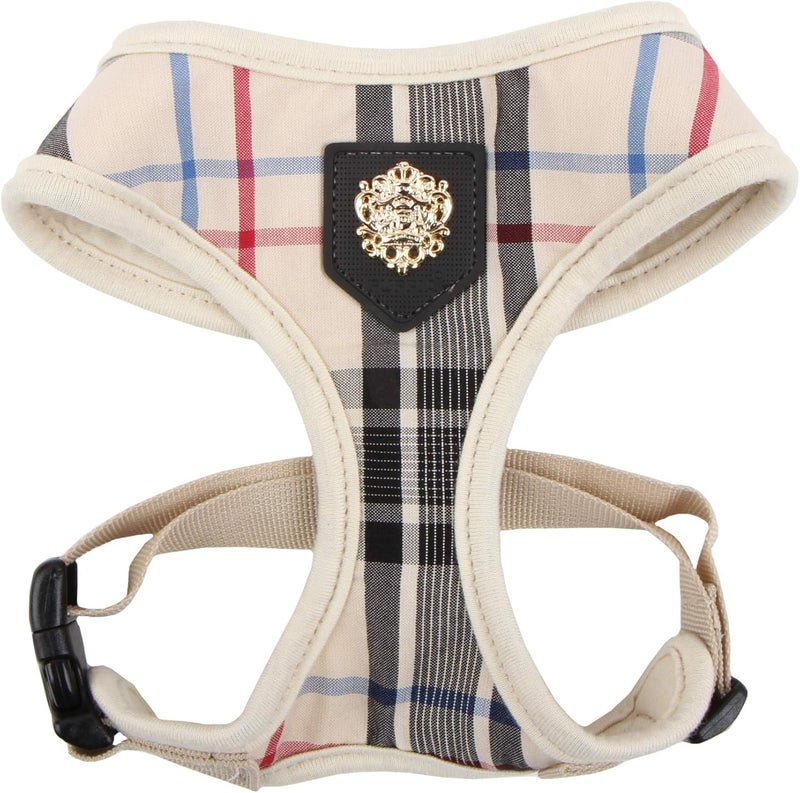 Puppia Junior Over-The-Head Dog Harness in Checkered Pattern - No Choke, No Pull, Adjustable for Small and Medium Dogs, Large Size, Beige - Image 1