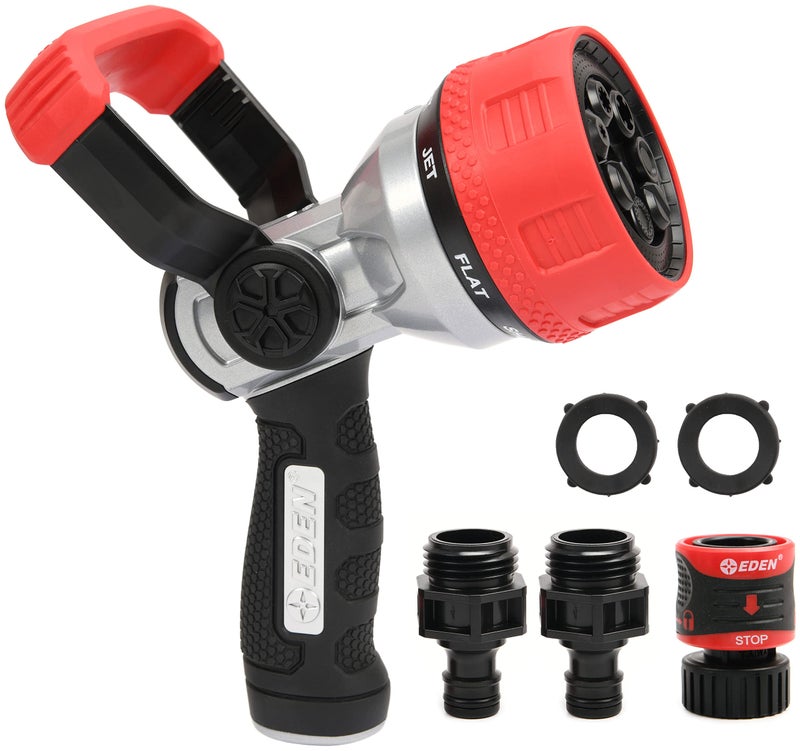 Eden 96806 Heavy Duty Metal Fireman Hose Nozzle Water Nozzle w 7 Spray Patterns High Pressure Garden Hose Sprayer w Quick Connect Set for Watering PlantsGarden Lawn