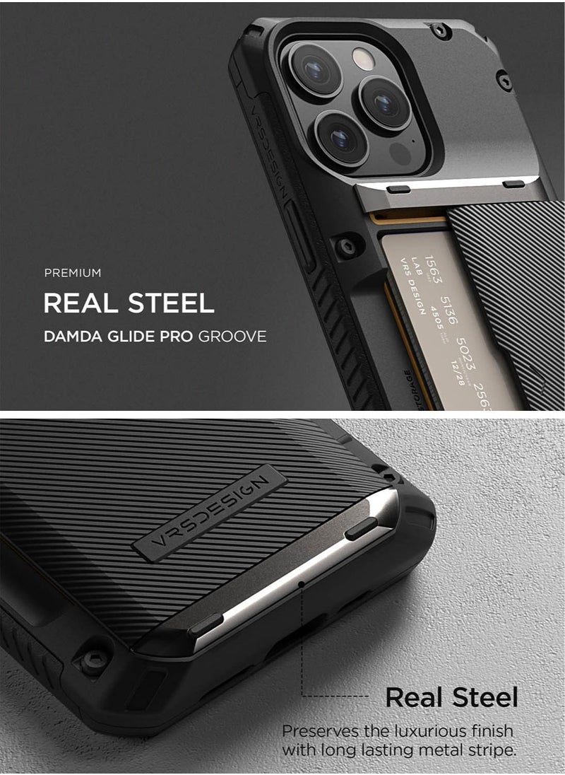 VRS Design Damda Glide Pro iPhone 14 Pro Max Case Cover Wallet with Semi Automatic Credit Card Holder Slot (3-4 Cards) - Black Groove  - Image 4