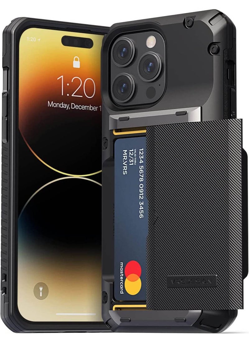 VRS Design Damda Glide Pro iPhone 14 Pro Max Case Cover Wallet with Semi Automatic Credit Card Holder Slot (3-4 Cards) - Black Groove  - Image 1
