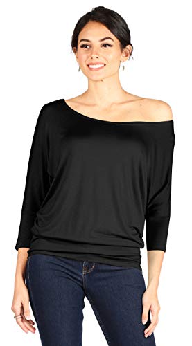 Simlu Dolman 3/4 Sleeve Drape Round Neck Top With Banded Waist - Made In USA, ..Black, Large - Image 2