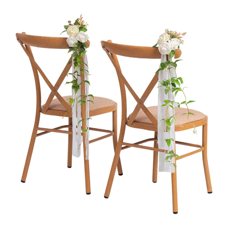 Meldel Wedding Chair Decorations Aisle Floral Artificial Flowers Ivory White Rose Garland with Hanging Ribbions for Ceremony Reception Church Arrangement Party Wedding Decor - Image 1
