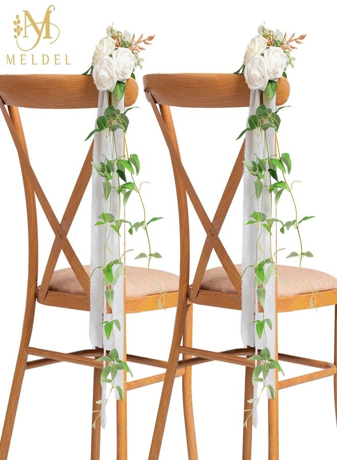 Meldel Wedding Chair Decorations Aisle Floral Artificial Flowers Ivory White Rose Garland with Hanging Ribbions for Ceremony Reception Church Arrangement Party Wedding Decor - Image 4