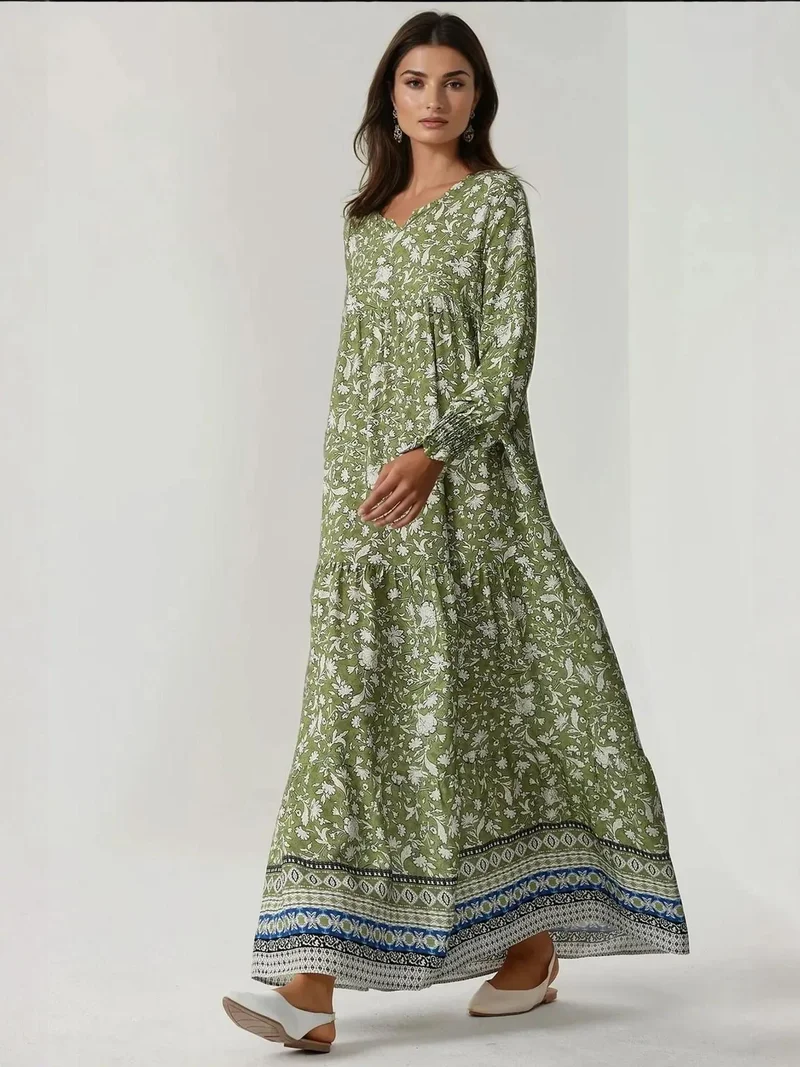 زوبعة فستان ماكسي فيسكوز مطبوع بياقة دائرية