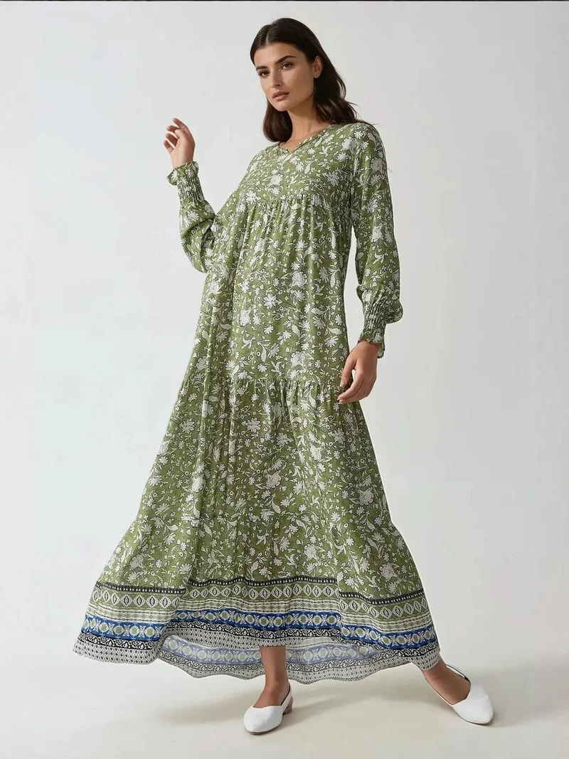 زوبعة فستان ماكسي فيسكوز مطبوع بياقة دائرية