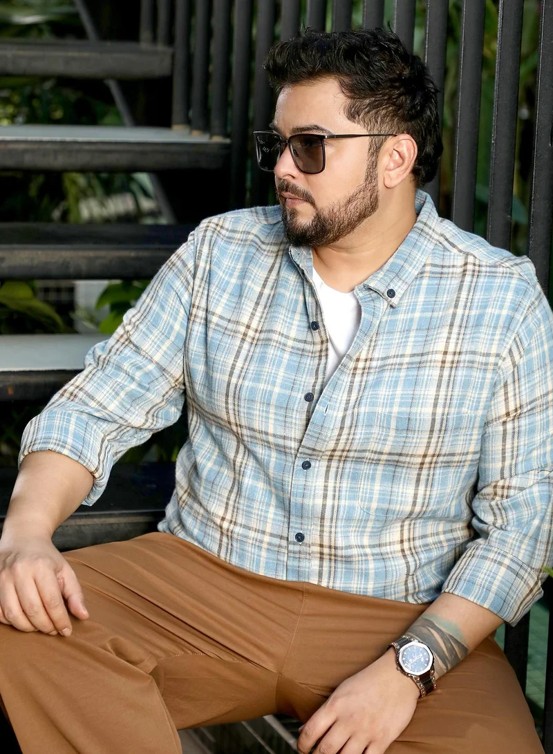 Men Tartan-Woven Regular Shirt | Button-Down Collar, Long Cuffed Sleeves | Button Closure, Curved Hem | Plaid Plaid | Woven Fabric For Plus Size Casual & Daily Wear | Sky Blue
