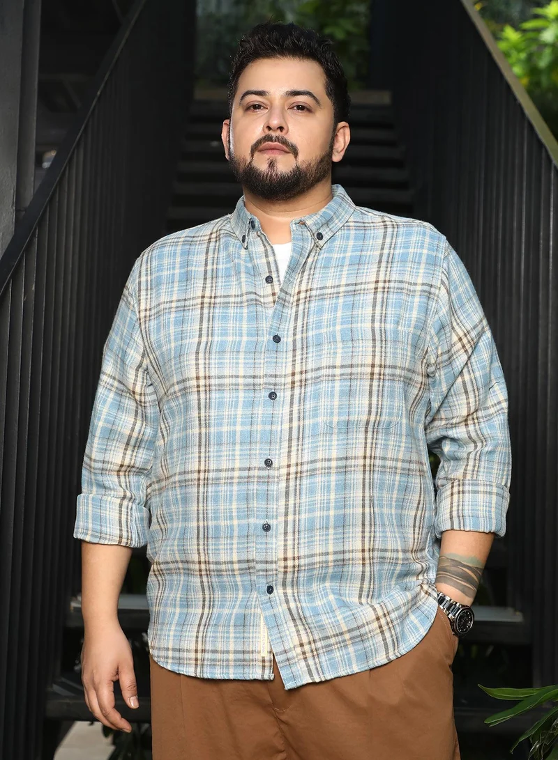 انستافاب بلس قميص رجالي كاروهات بأزرار وياقة كلاسيكية وأكمام طويلة - أزرق سماوي