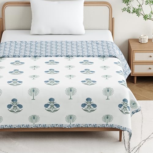 DE CAMA Cotton Single Bed Dohar | Hand Block Printed Summer AC Blanket (60 x 90 Inch)| Mulmul Fabric 150 GSM | Soft & Lightweight Comforter for All Seasons | Reversible Design - Blue Palm Tree - Image 1