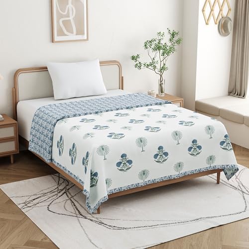 DE CAMA Cotton Single Bed Dohar | Hand Block Printed Summer AC Blanket (60 x 90 Inch)| Mulmul Fabric 150 GSM | Soft & Lightweight Comforter for All Seasons | Reversible Design - Blue Palm Tree - Image 2