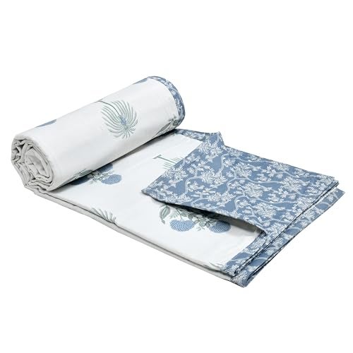 DE CAMA Cotton Single Bed Dohar | Hand Block Printed Summer AC Blanket (60 x 90 Inch)| Mulmul Fabric 150 GSM | Soft & Lightweight Comforter for All Seasons | Reversible Design - Blue Palm Tree - Image 3