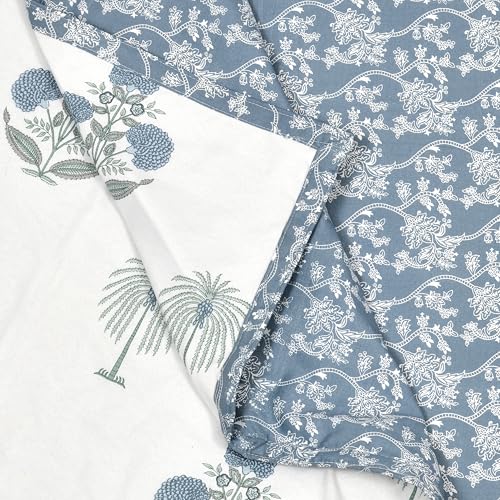 DE CAMA Cotton Single Bed Dohar | Hand Block Printed Summer AC Blanket (60 x 90 Inch)| Mulmul Fabric 150 GSM | Soft & Lightweight Comforter for All Seasons | Reversible Design - Blue Palm Tree - Image 5